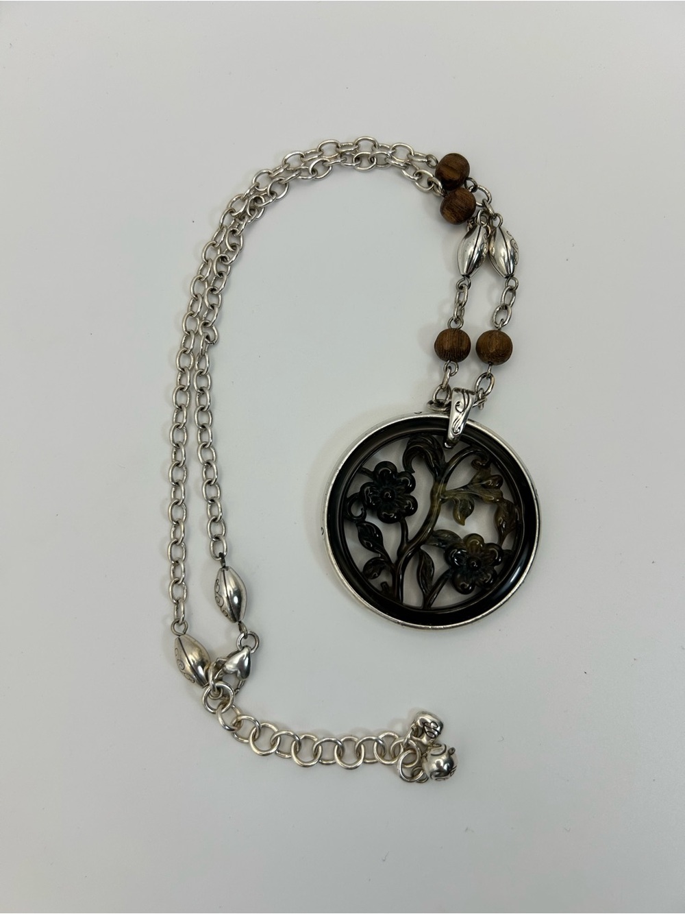 Brighton Brown Floral Carved Round Pendant Necklace 21" Silver Plated Resin